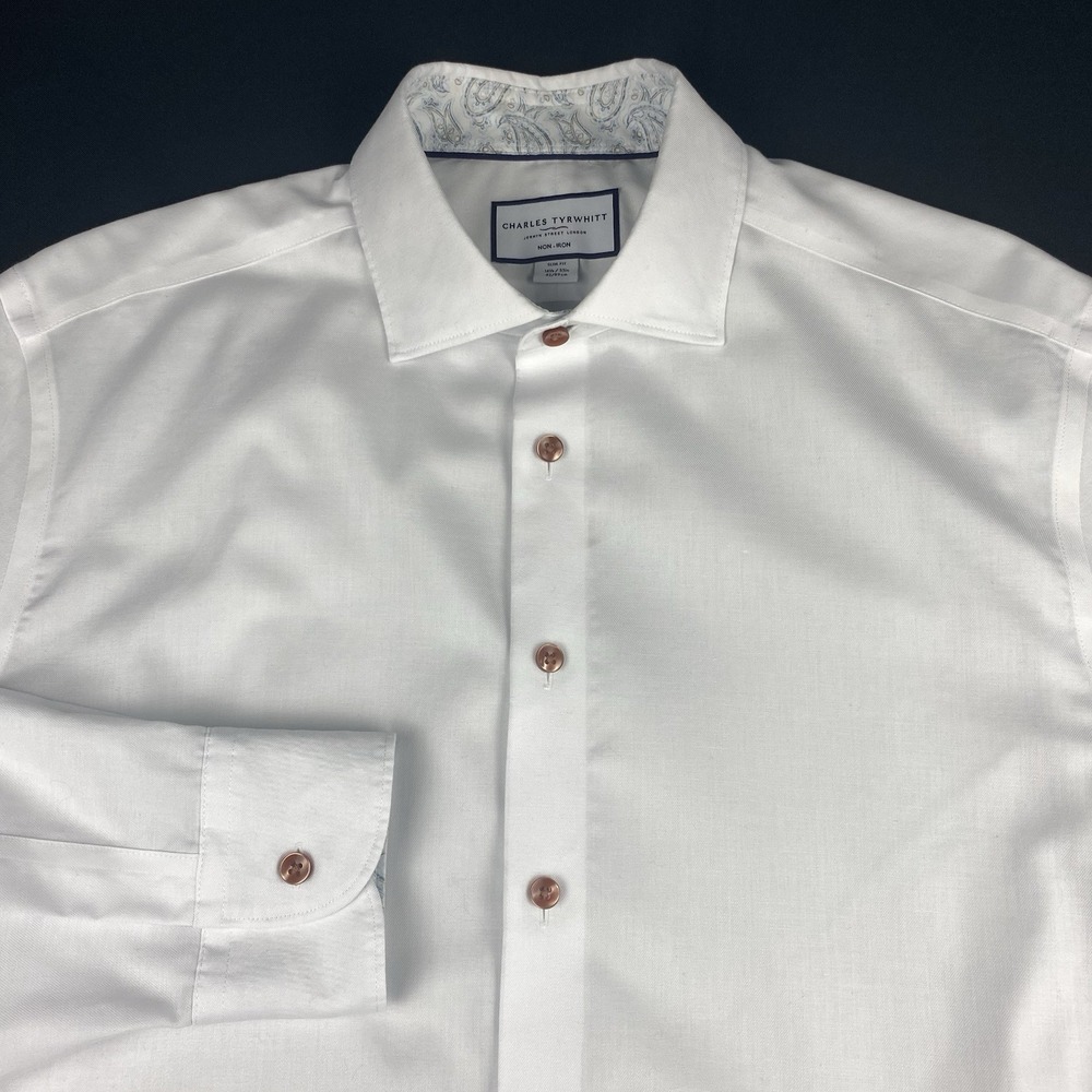 Charles Tyrwhitt Dress Shirt Mens 16.5-35 White Slim Fit Flip Cuffs No Iron